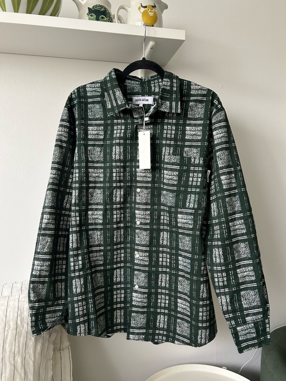 FA Dark Green and White Plaid Casual Button-Down Shirt
